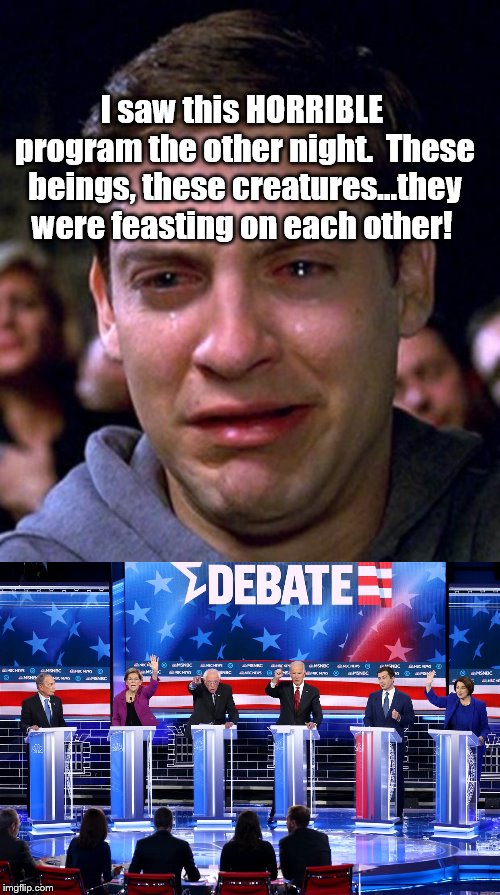 Yep. | I saw this HORRIBLE  program the other night.  These beings, these creatures...they were feasting on each other! | image tagged in crying peter parker,politics,political meme | made w/ Imgflip meme maker