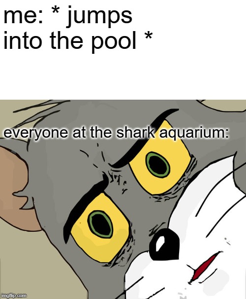 Unsettled Tom | me: * jumps into the pool *; everyone at the shark aquarium: | image tagged in memes,unsettled tom | made w/ Imgflip meme maker