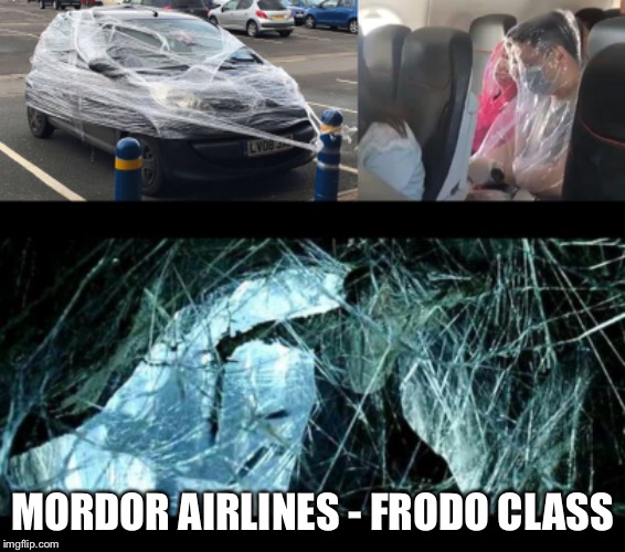 Excess baggage? | MORDOR AIRLINES - FRODO CLASS | image tagged in frodo,just plane jokes,coronavirus | made w/ Imgflip meme maker