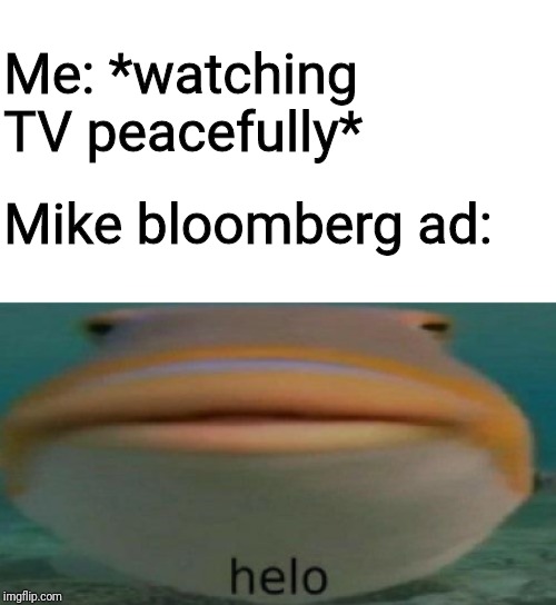 helo | Me: *watching TV peacefully*; Mike bloomberg ad: | image tagged in helo | made w/ Imgflip meme maker