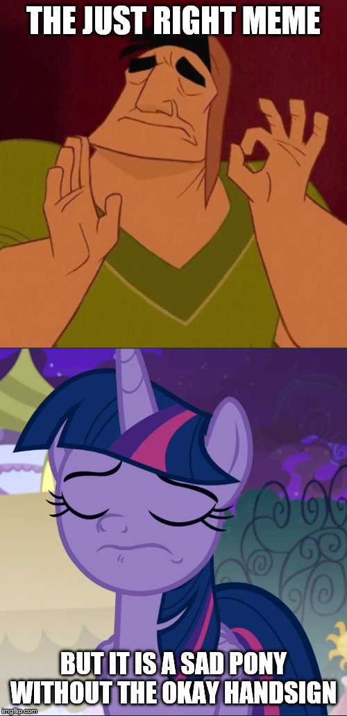 THE JUST RIGHT MEME; BUT IT IS A SAD PONY WITHOUT THE OKAY HANDSIGN | image tagged in pacha perfect | made w/ Imgflip meme maker