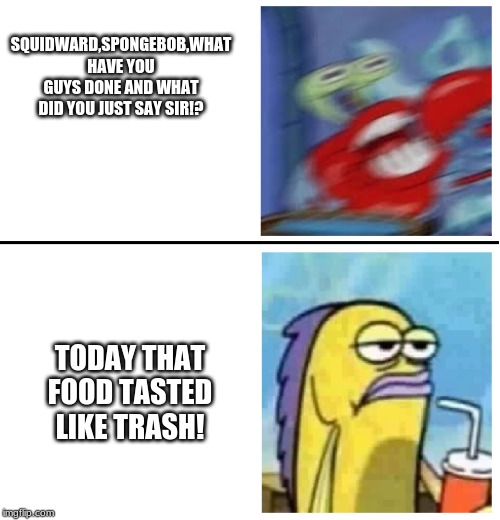 Mr. Krabs Meme | SQUIDWARD,SPONGEBOB,WHAT HAVE YOU GUYS DONE AND WHAT DID YOU JUST SAY SIR!? TODAY THAT FOOD TASTED LIKE TRASH! | image tagged in excited vs bored | made w/ Imgflip meme maker