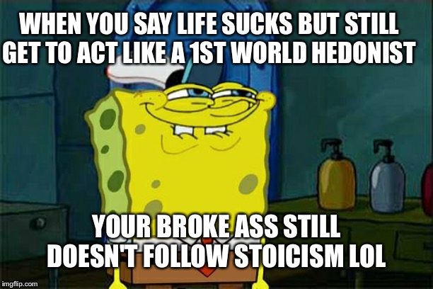 Hahah see this all the time | WHEN YOU SAY LIFE SUCKS BUT STILL GET TO ACT LIKE A 1ST WORLD HEDONIST; YOUR BROKE ASS STILL DOESN'T FOLLOW STOICISM LOL | image tagged in memes,dont you squidward | made w/ Imgflip meme maker