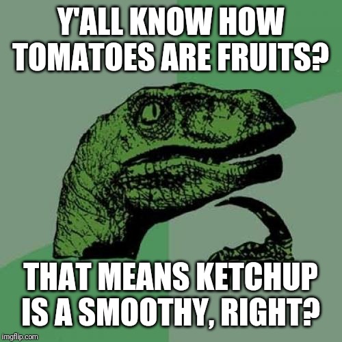 Philosoraptor Meme | Y'ALL KNOW HOW TOMATOES ARE FRUITS? THAT MEANS KETCHUP IS A SMOOTHY, RIGHT? | image tagged in memes,philosoraptor | made w/ Imgflip meme maker