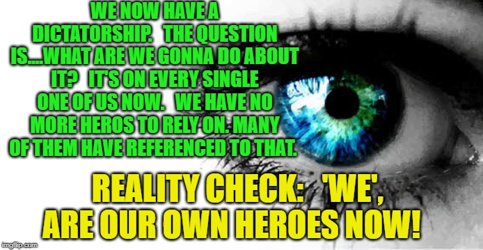 'We', are OUR OWN HEROES NOW! | WE NOW HAVE A DICTATORSHIP.   THE QUESTION IS....WHAT ARE WE GONNA DO ABOUT IT?   IT'S ON EVERY SINGLE ONE OF US NOW.   WE HAVE NO MORE HEROS TO RELY ON. MANY OF THEM HAVE REFERENCED TO THAT. REALITY CHECK:   'WE', ARE OUR OWN HEROES NOW! | image tagged in donald trump,vladimir putin,we the people,superheroes | made w/ Imgflip meme maker