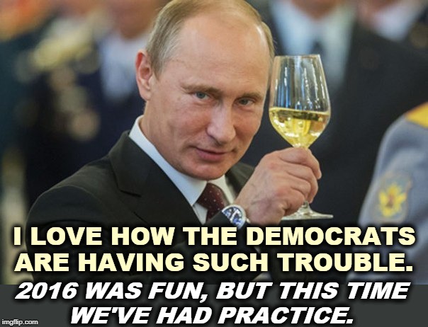 Trump's own intelligence officials say the Russians are actively working against the Democrats. There's no point in denying it. | I LOVE HOW THE DEMOCRATS ARE HAVING SUCH TROUBLE. 2016 WAS FUN, BUT THIS TIME 
WE'VE HAD PRACTICE. | image tagged in putin cheers,russia,kremlin,putin,kgb,democrats | made w/ Imgflip meme maker