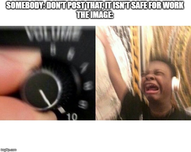 loud music | SOMEBODY: DON'T POST THAT, IT ISN'T SAFE FOR WORK
THE IMAGE: | image tagged in loud music | made w/ Imgflip meme maker