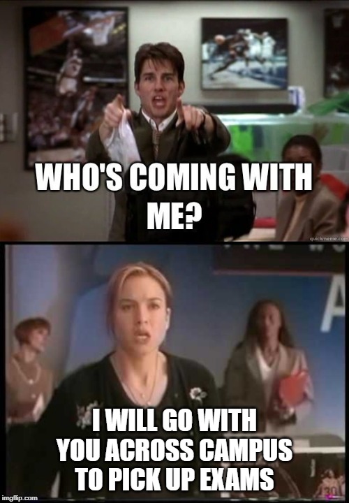 Jerry Ma-grade | I WILL GO WITH YOU ACROSS CAMPUS TO PICK UP EXAMS | image tagged in academic,jerry maguire,1990s | made w/ Imgflip meme maker