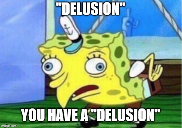Mocking Spongebob Meme | "DELUSION" YOU HAVE A "DELUSION" | image tagged in memes,mocking spongebob | made w/ Imgflip meme maker