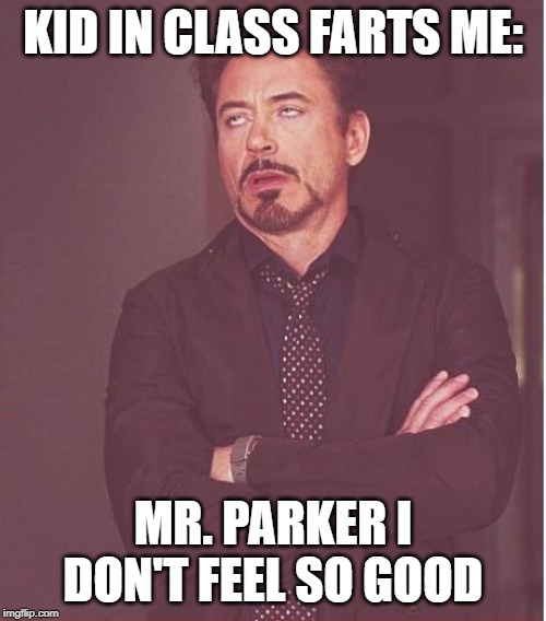 Face You Make Robert Downey Jr | KID IN CLASS FARTS ME:; MR. PARKER I DON'T FEEL SO GOOD | image tagged in memes,face you make robert downey jr | made w/ Imgflip meme maker