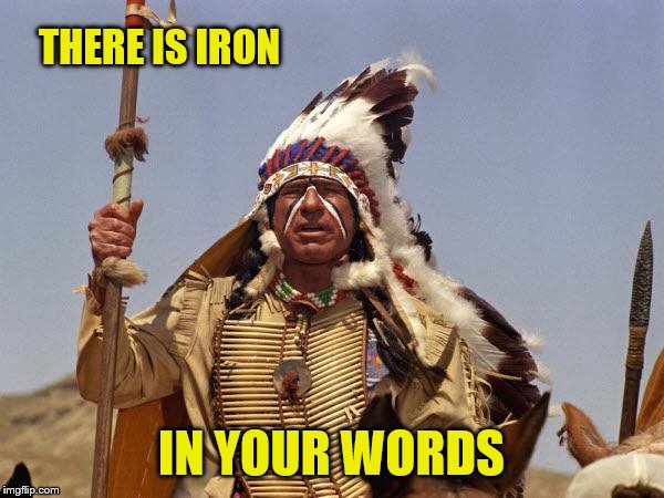 Indian Chief | THERE IS IRON IN YOUR WORDS | image tagged in indian chief | made w/ Imgflip meme maker