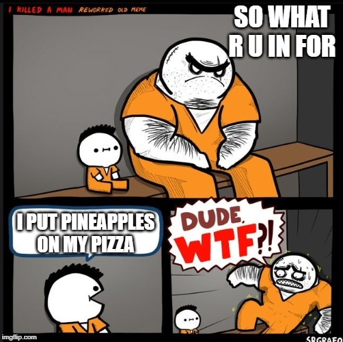 Srgrafo dude wtf | SO WHAT R U IN FOR; I PUT PINEAPPLES ON MY PIZZA | image tagged in srgrafo dude wtf | made w/ Imgflip meme maker