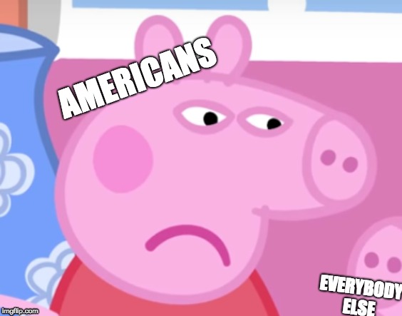 Angry Peppa Pig | AMERICANS; EVERYBODY ELSE | image tagged in angry peppa pig | made w/ Imgflip meme maker