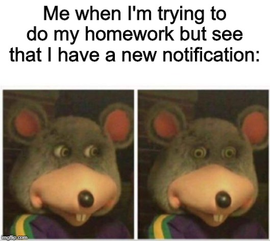 Oh yeah, it's all coming | Me when I'm trying to do my homework but see that I have a new notification: | image tagged in chuck e cheese rat stare,oh yeah it's all coming together,homework,distraction,notifications | made w/ Imgflip meme maker