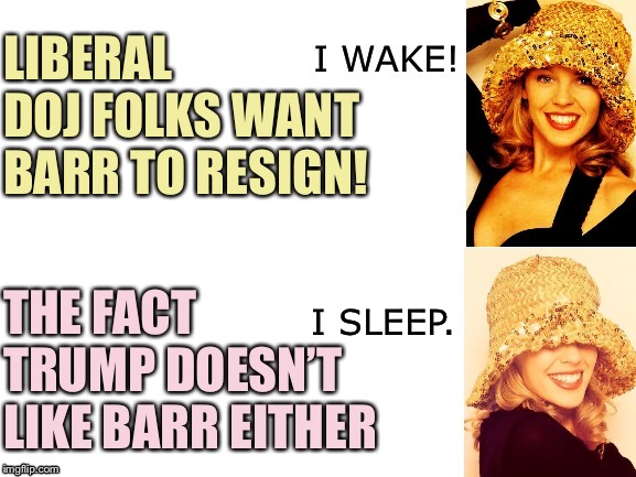 Attorney General Barr is not long for his position, and it’s not even because of the letter signed by 2000+ DOJ folks | LIBERAL DOJ FOLKS WANT BARR TO RESIGN! THE FACT TRUMP DOESN’T LIKE BARR EITHER | image tagged in kylie i wake/i sleep,attorney general,donald trump,trump,justice,trump tweeting | made w/ Imgflip meme maker