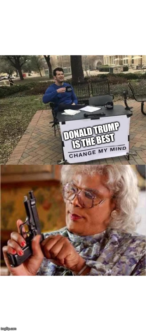 DONALD TRUMP IS THE BEST | image tagged in madea with gun,memes,change my mind | made w/ Imgflip meme maker