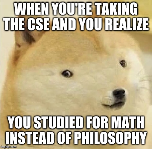 Doge tiny face | WHEN YOU'RE TAKING THE CSE AND YOU REALIZE; YOU STUDIED FOR MATH INSTEAD OF PHILOSOPHY | image tagged in doge tiny face | made w/ Imgflip meme maker