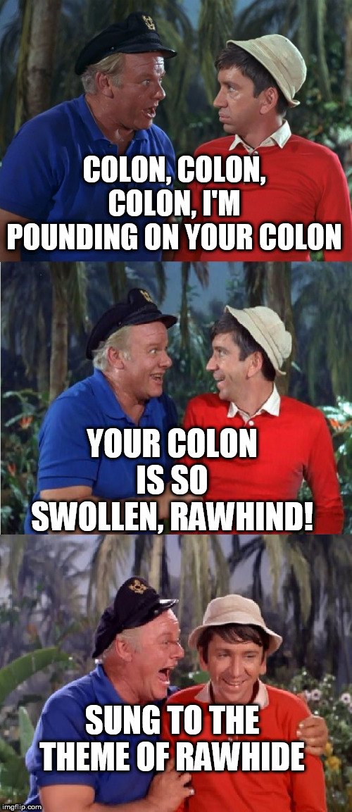 Gilligan Bad Pun | COLON, COLON, COLON, I'M POUNDING ON YOUR COLON YOUR COLON IS SO SWOLLEN, RAWHIND! SUNG TO THE THEME OF RAWHIDE | image tagged in gilligan bad pun | made w/ Imgflip meme maker