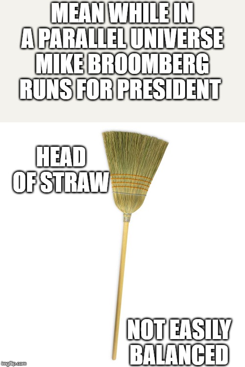 Mike Broomberg | MEAN WHILE IN A PARALLEL UNIVERSE MIKE BROOMBERG RUNS FOR PRESIDENT; HEAD OF STRAW; NOT EASILY BALANCED | image tagged in memes,politics,funny memes,dank,cool,epic | made w/ Imgflip meme maker