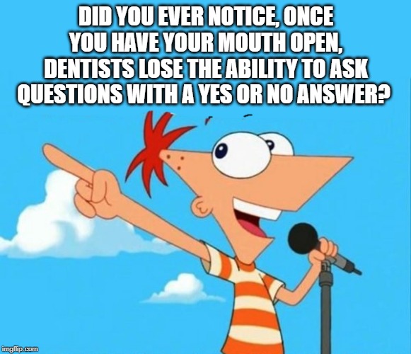 Phineas and ferb | DID YOU EVER NOTICE, ONCE YOU HAVE YOUR MOUTH OPEN, DENTISTS LOSE THE ABILITY TO ASK QUESTIONS WITH A YES OR NO ANSWER? | image tagged in phineas and ferb | made w/ Imgflip meme maker