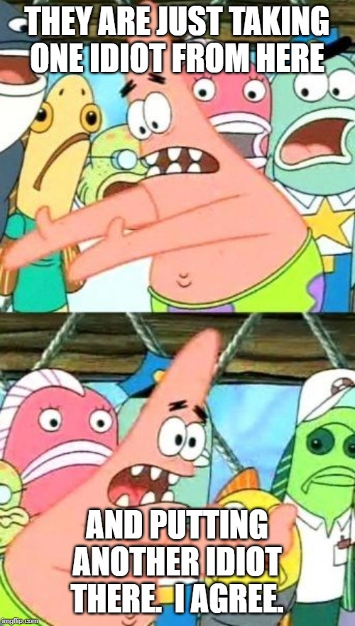 Put It Somewhere Else Patrick Meme | THEY ARE JUST TAKING ONE IDIOT FROM HERE AND PUTTING ANOTHER IDIOT THERE.  I AGREE. | image tagged in memes,put it somewhere else patrick | made w/ Imgflip meme maker