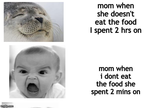Blank White Template | mom when she doesn't eat the food I spent 2 hrs on; mom when i dont eat the food she spent 2 mins on | image tagged in blank white template | made w/ Imgflip meme maker