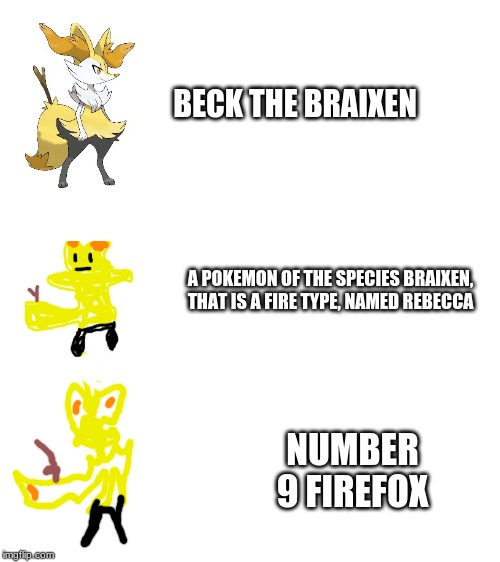 Blank White Template | BECK THE BRAIXEN; A POKEMON OF THE SPECIES BRAIXEN, THAT IS A FIRE TYPE, NAMED REBECCA; NUMBER 9 FIREFOX | image tagged in blank white template | made w/ Imgflip meme maker