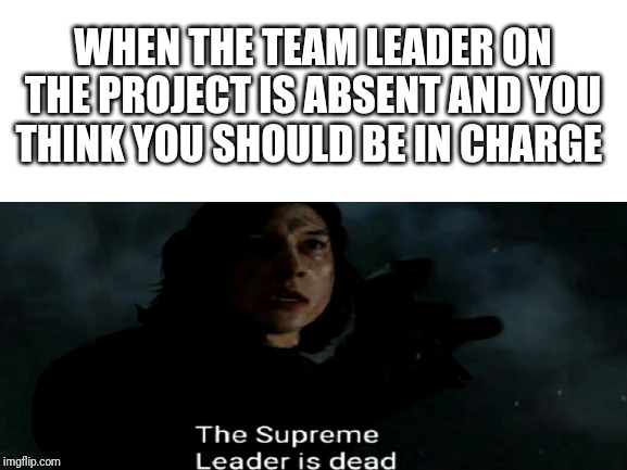 The Supreme Leader is Dead | WHEN THE TEAM LEADER ON THE PROJECT IS ABSENT AND YOU THINK YOU SHOULD BE IN CHARGE | image tagged in memes,the supreme leader is dead | made w/ Imgflip meme maker