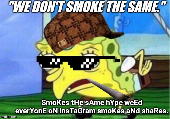 Mocking Spongebob Meme | "WE DON'T SMOKE THE SAME."; SmoKes tHe sAme hYpe weEd everYonE oN insTaGram smoKes aNd shaRes. | image tagged in memes,mocking spongebob | made w/ Imgflip meme maker