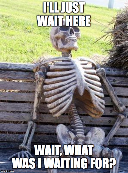 Waiting Skeleton | I'LL JUST WAIT HERE; WAIT, WHAT WAS I WAITING FOR? | image tagged in memes,waiting skeleton | made w/ Imgflip meme maker