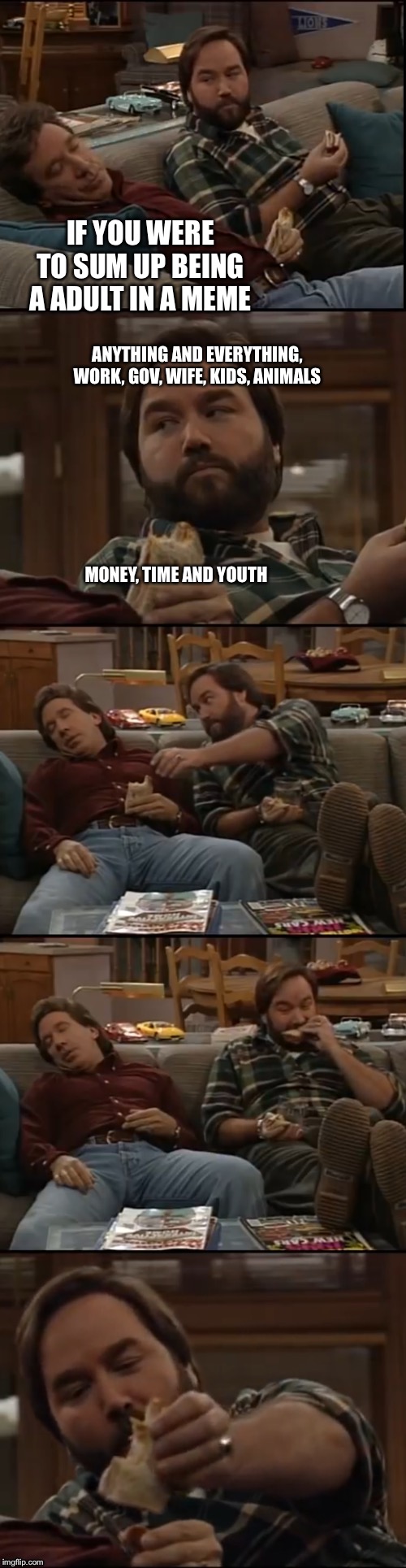IF YOU WERE TO SUM UP BEING A ADULT IN A MEME; ANYTHING AND EVERYTHING, WORK, GOV, WIFE, KIDS, ANIMALS; MONEY, TIME AND YOUTH | made w/ Imgflip meme maker