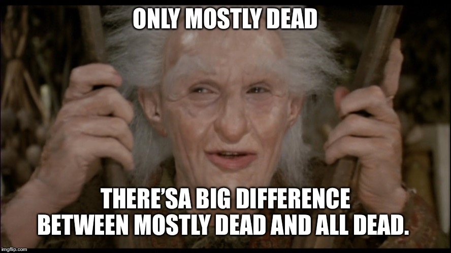 Mostly dead | ONLY MOSTLY DEAD; THERE’SA BIG DIFFERENCE BETWEEN MOSTLY DEAD AND ALL DEAD. | image tagged in mostly dead | made w/ Imgflip meme maker