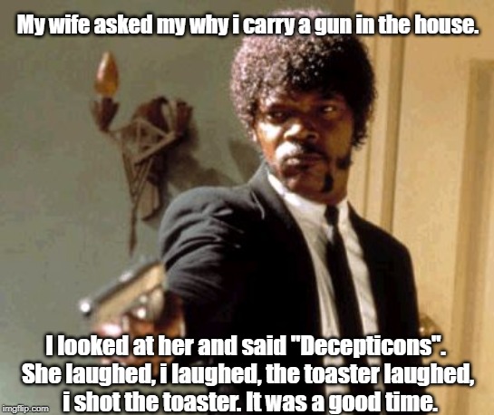 Say That Again I Dare You | My wife asked my why i carry a gun in the house. I looked at her and said "Decepticons". 
She laughed, i laughed, the toaster laughed,
 i shot the toaster. It was a good time. | image tagged in memes,say that again i dare you | made w/ Imgflip meme maker