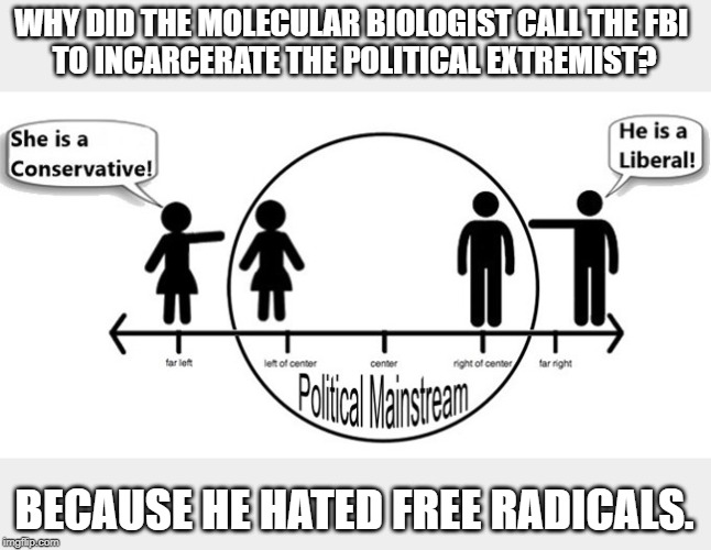 The political extremist | WHY DID THE MOLECULAR BIOLOGIST CALL THE FBI 
TO INCARCERATE THE POLITICAL EXTREMIST? BECAUSE HE HATED FREE RADICALS. | image tagged in political meme | made w/ Imgflip meme maker