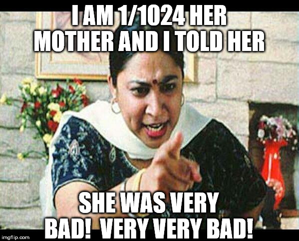 Angry Indian Mum  | I AM 1/1024 HER MOTHER AND I TOLD HER SHE WAS VERY BAD!  VERY VERY BAD! | image tagged in angry indian mum | made w/ Imgflip meme maker
