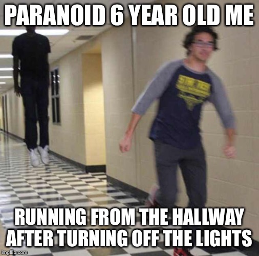 floating boy chasing running boy | PARANOID 6 YEAR OLD ME; RUNNING FROM THE HALLWAY AFTER TURNING OFF THE LIGHTS | image tagged in floating boy chasing running boy | made w/ Imgflip meme maker