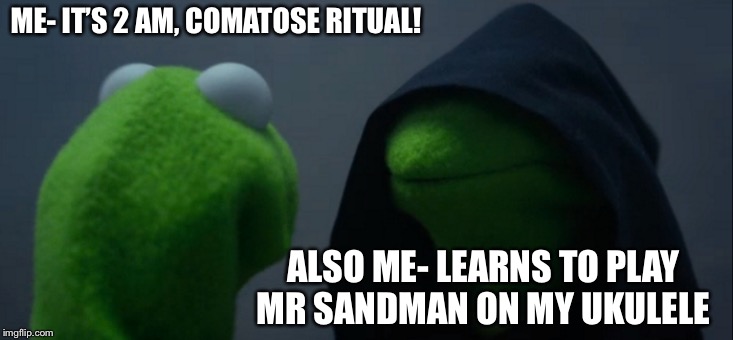 Evil Kermit Meme | ME- IT’S 2 AM, COMATOSE RITUAL! ALSO ME- LEARNS TO PLAY MR SANDMAN ON MY UKULELE | image tagged in memes,evil kermit | made w/ Imgflip meme maker