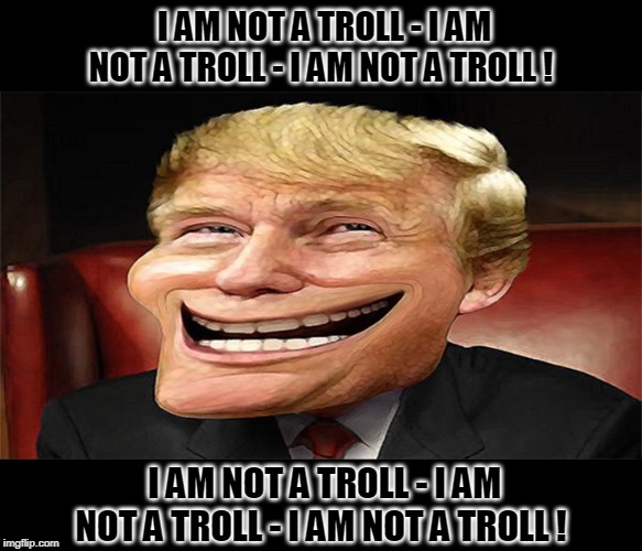 trump troll face | I AM NOT A TROLL - I AM NOT A TROLL - I AM NOT A TROLL ! I AM NOT A TROLL - I AM NOT A TROLL - I AM NOT A TROLL ! | image tagged in trump troll face | made w/ Imgflip meme maker