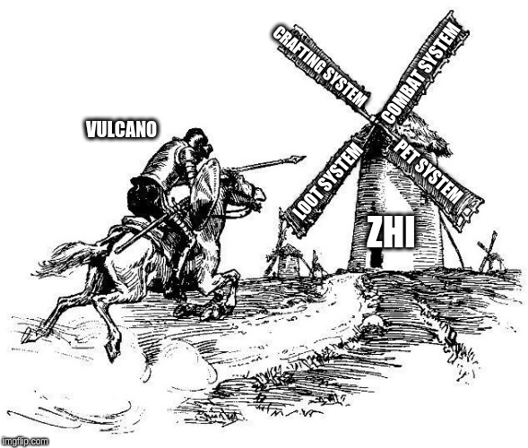 Don Quixote | CRAFTING SYSTEM; COMBAT SYSTEM; VULCANO; PET SYSTEM; LOOT SYSTEM; ZHI | image tagged in don quixote | made w/ Imgflip meme maker