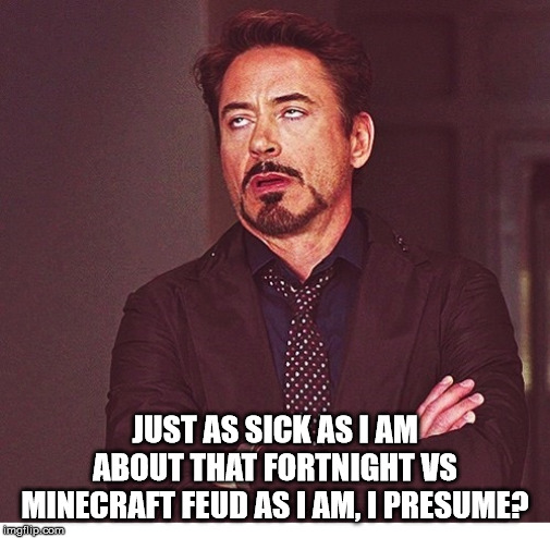 RDJ boring | JUST AS SICK AS I AM ABOUT THAT FORTNIGHT VS MINECRAFT FEUD AS I AM, I PRESUME? | image tagged in rdj boring | made w/ Imgflip meme maker