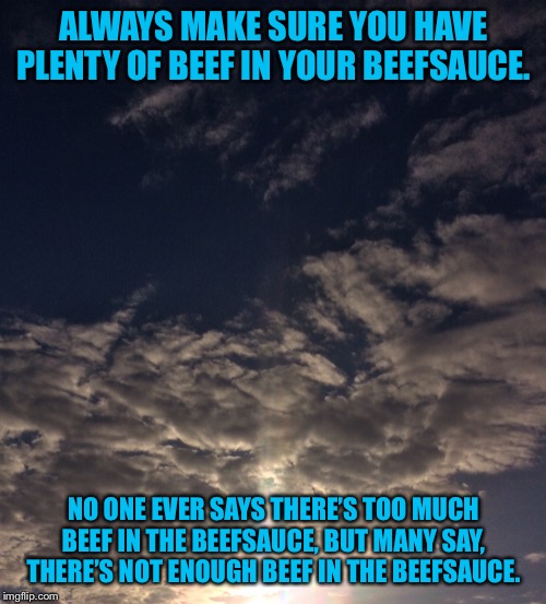 Beefsauce | ALWAYS MAKE SURE YOU HAVE PLENTY OF BEEF IN YOUR BEEFSAUCE. NO ONE EVER SAYS THERE’S TOO MUCH BEEF IN THE BEEFSAUCE, BUT MANY SAY, THERE’S NOT ENOUGH BEEF IN THE BEEFSAUCE. | image tagged in beefsauce | made w/ Imgflip meme maker