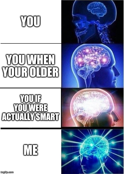 Expanding Brain Meme | YOU; YOU WHEN YOUR OLDER; YOU IF YOU WERE ACTUALLY SMART; ME | image tagged in memes,expanding brain | made w/ Imgflip meme maker