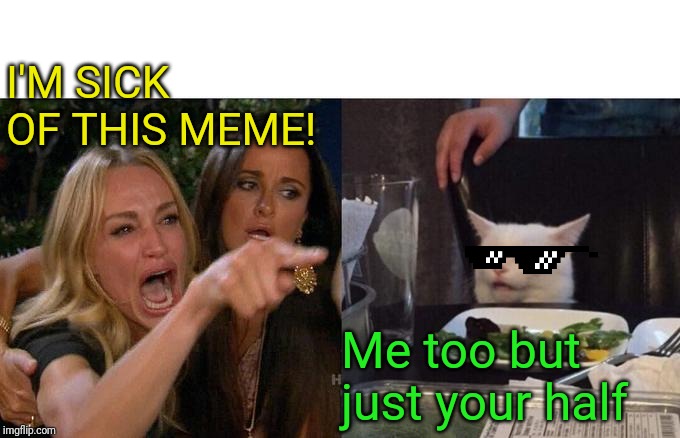 Woman Yelling At Cat | I'M SICK OF THIS MEME! Me too but just your half | image tagged in memes,woman yelling at cat | made w/ Imgflip meme maker