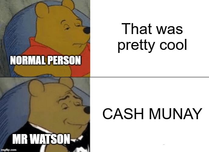 Tuxedo Winnie The Pooh | That was pretty cool; NORMAL PERSON; CASH MUNAY; MR WATSON | image tagged in memes,tuxedo winnie the pooh | made w/ Imgflip meme maker
