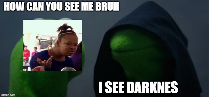 Evil Kermit | HOW CAN YOU SEE ME BRUH; I SEE DARKNES | image tagged in memes,evil kermit | made w/ Imgflip meme maker