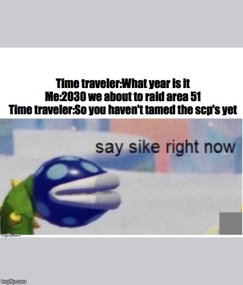 say sike right now | Time traveler:What year is it
Me:2030 we about to raid area 51
Time traveler:So you haven't tamed the scp's yet | image tagged in say sike right now | made w/ Imgflip meme maker