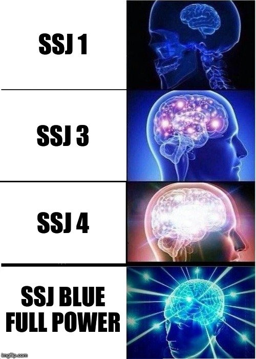 Expanding Brain Meme | SSJ 1; SSJ 3; SSJ 4; SSJ BLUE FULL POWER | image tagged in memes,expanding brain | made w/ Imgflip meme maker
