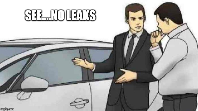 Car Salesman Slaps Roof Of Car | SEE....NO LEAKS | image tagged in memes,car salesman slaps roof of car | made w/ Imgflip meme maker