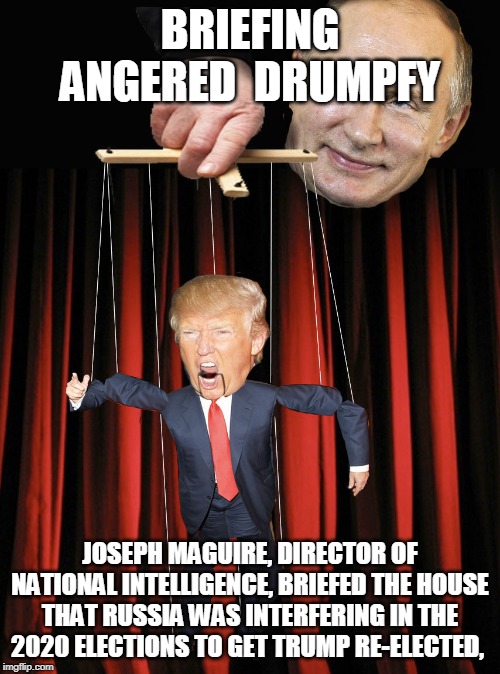 trump putin | BRIEFING ANGERED  DRUMPFY; JOSEPH MAGUIRE, DIRECTOR OF NATIONAL INTELLIGENCE, BRIEFED THE HOUSE THAT RUSSIA WAS INTERFERING IN THE 2020 ELECTIONS TO GET TRUMP RE-ELECTED, | image tagged in trump putin | made w/ Imgflip meme maker
