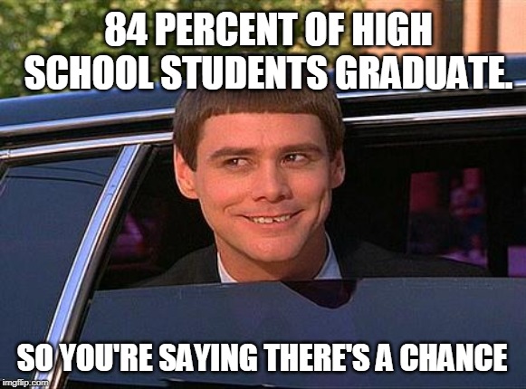 jim carrey meme  |  84 PERCENT OF HIGH SCHOOL STUDENTS GRADUATE. SO YOU'RE SAYING THERE'S A CHANCE | image tagged in jim carrey meme | made w/ Imgflip meme maker